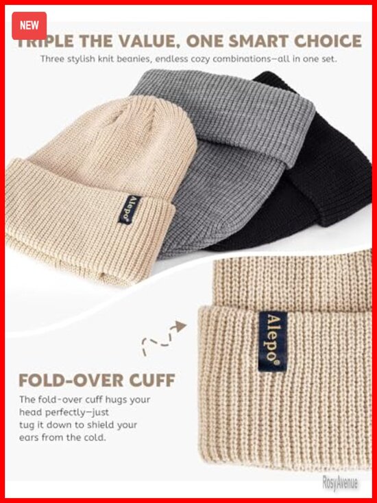 Satin Lined Beanie 3 Pack - Silk Lined Winter Hats, Cable Knit Skull Cap for main image 4